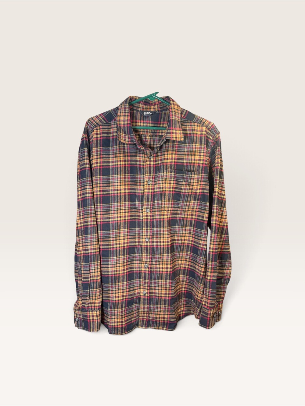 Eddie Bauer Men’s XL Flannel Shirt Black Red Gold Gray Plaid 100% Cotton